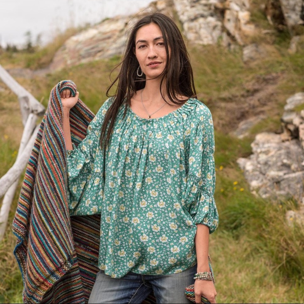 SUNDANCE: Green Floral Blouse